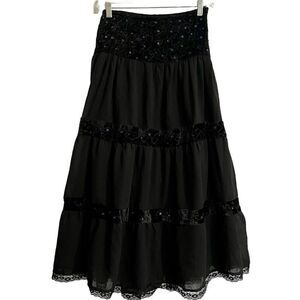 Nostalgia Maxi Skirt Small Black Crepe Velvet Lined Witchy Fairy Boho Ti…